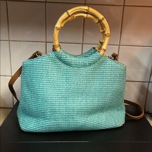 Fossil Turquoise Woven Bamboo Handle Crossbody Bag
